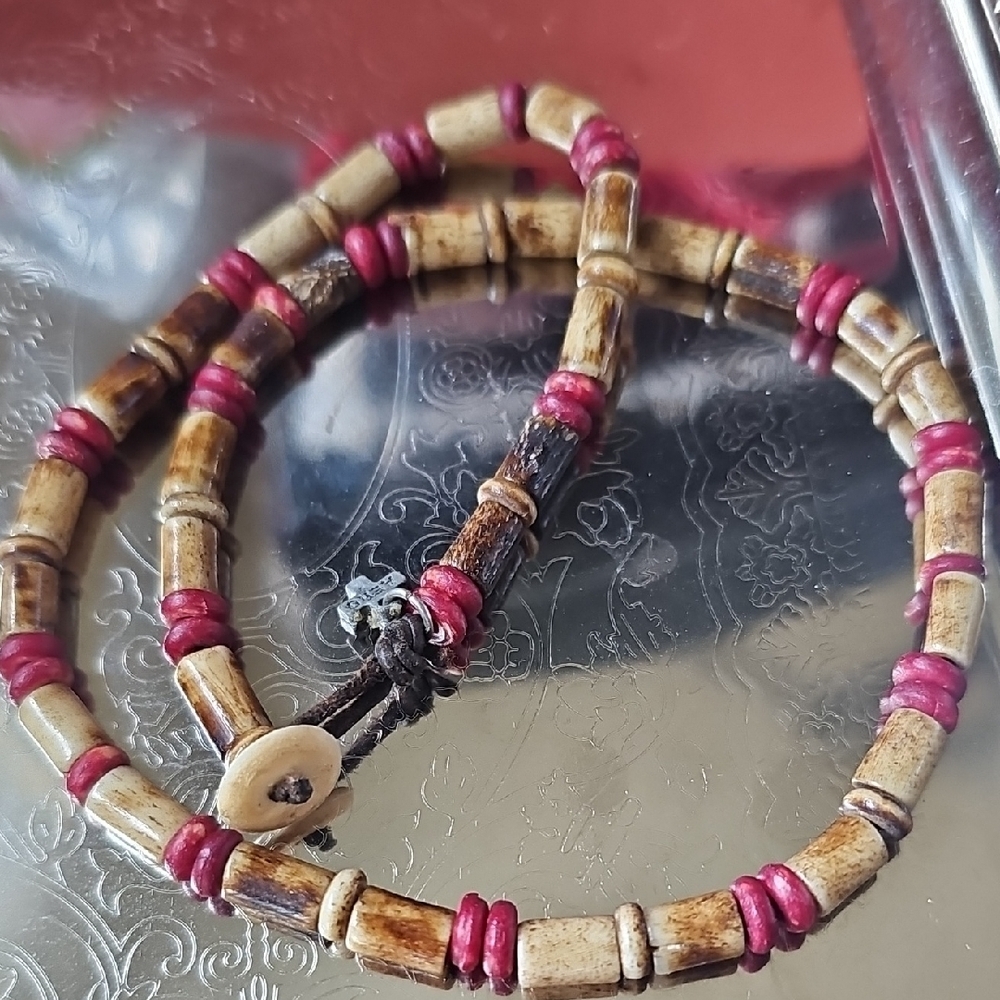 Aeropostale Tulsi Wood & Leather Beaded Necklace 16" W Aero Tag Button Closure - Picture 5 of 6